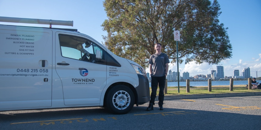 Townend Plumbing & Gas van parked on site in the Perth Hills