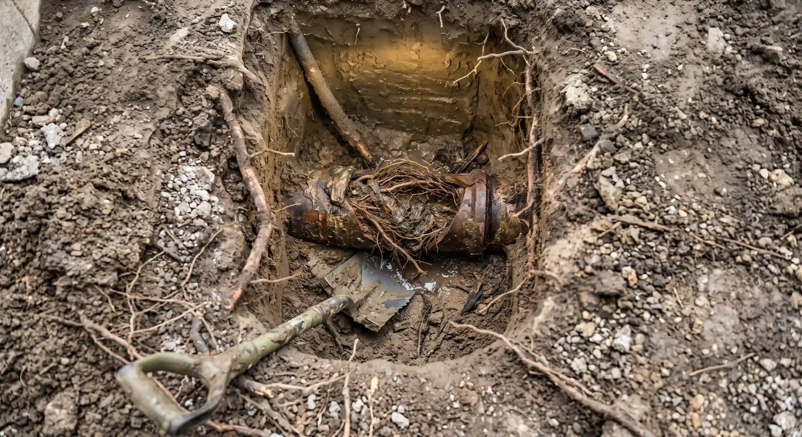 Drain pipe blocked by tree root intrusion before clearing
