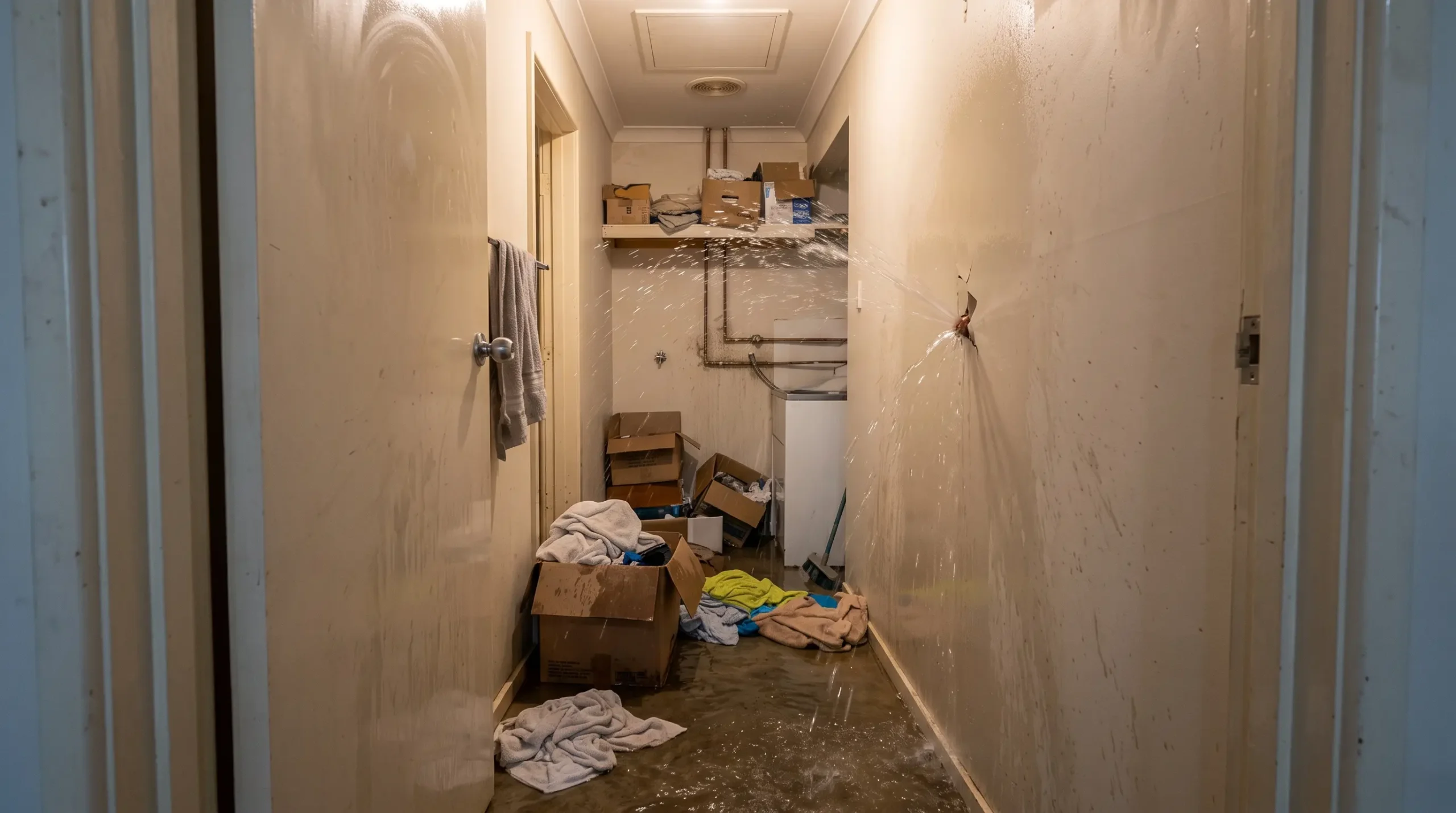 Burst pipe flooding a hallway before the emergency plumbing call-out