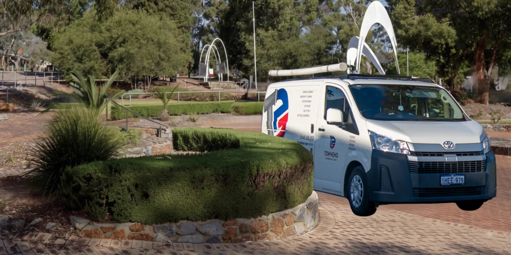 AI-generated image of a Townend Plumbing & Gas van at Blackboy Hill Reserve, Greenmount (placeholder, pending real photo)