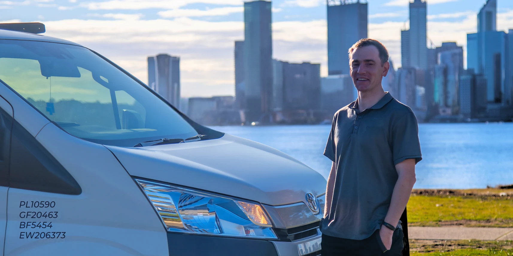 Ashley from Townend Plumbing & Gas Ashley Townend, licensed plumber and gas fitter, with his service van and Perth skyline